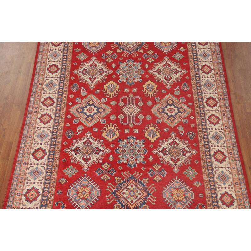 Red Kazak Area Rug Handmade Geometric Wool Carpet - 7'2"x 10'0"