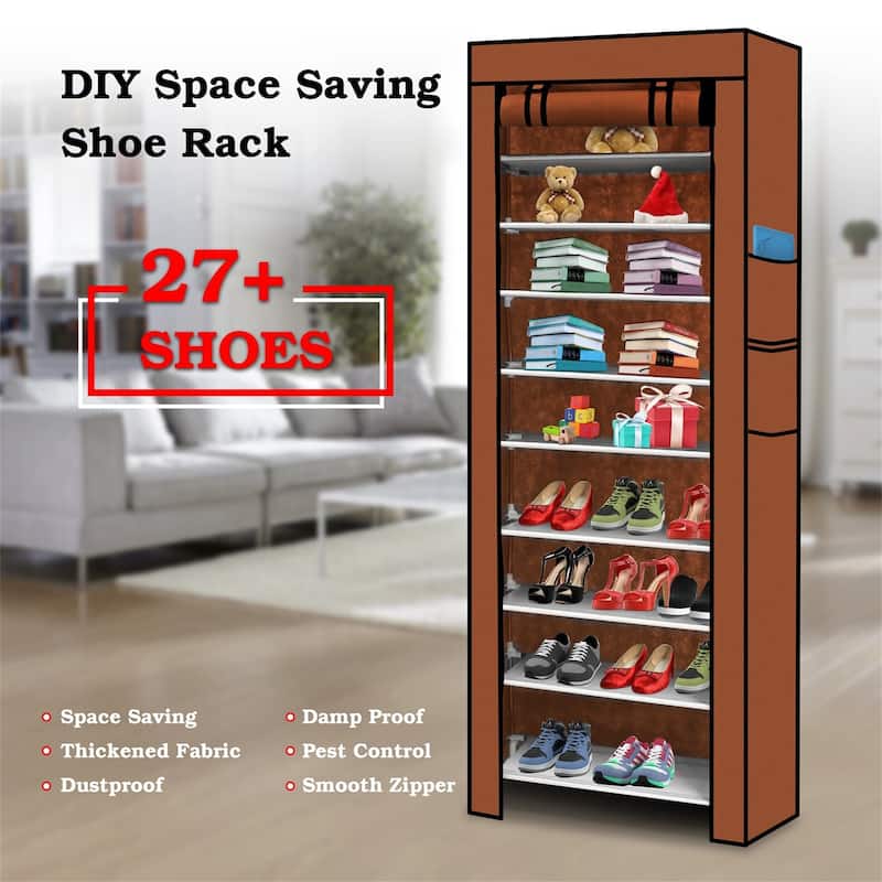 10 Tiers Shoe Cabinet Dustproof Shoe Rack Fabric Holding 27 Pair Shoes