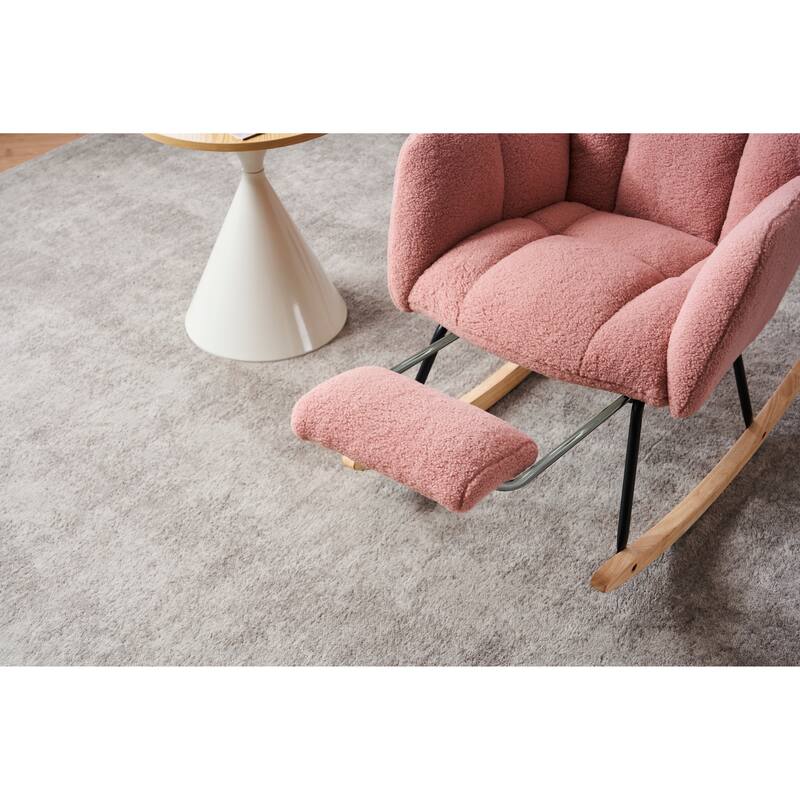 Comfortable Teddy Fabric Upholstered Rocking Chair with High Backrest and Pillows for Indoor Use