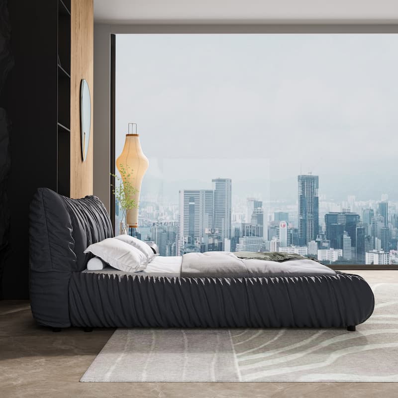 King Size Upholstered Platform Bed with Removable Cushions, Solid Pine Wood Frame, Adjustable Mattress Heights
