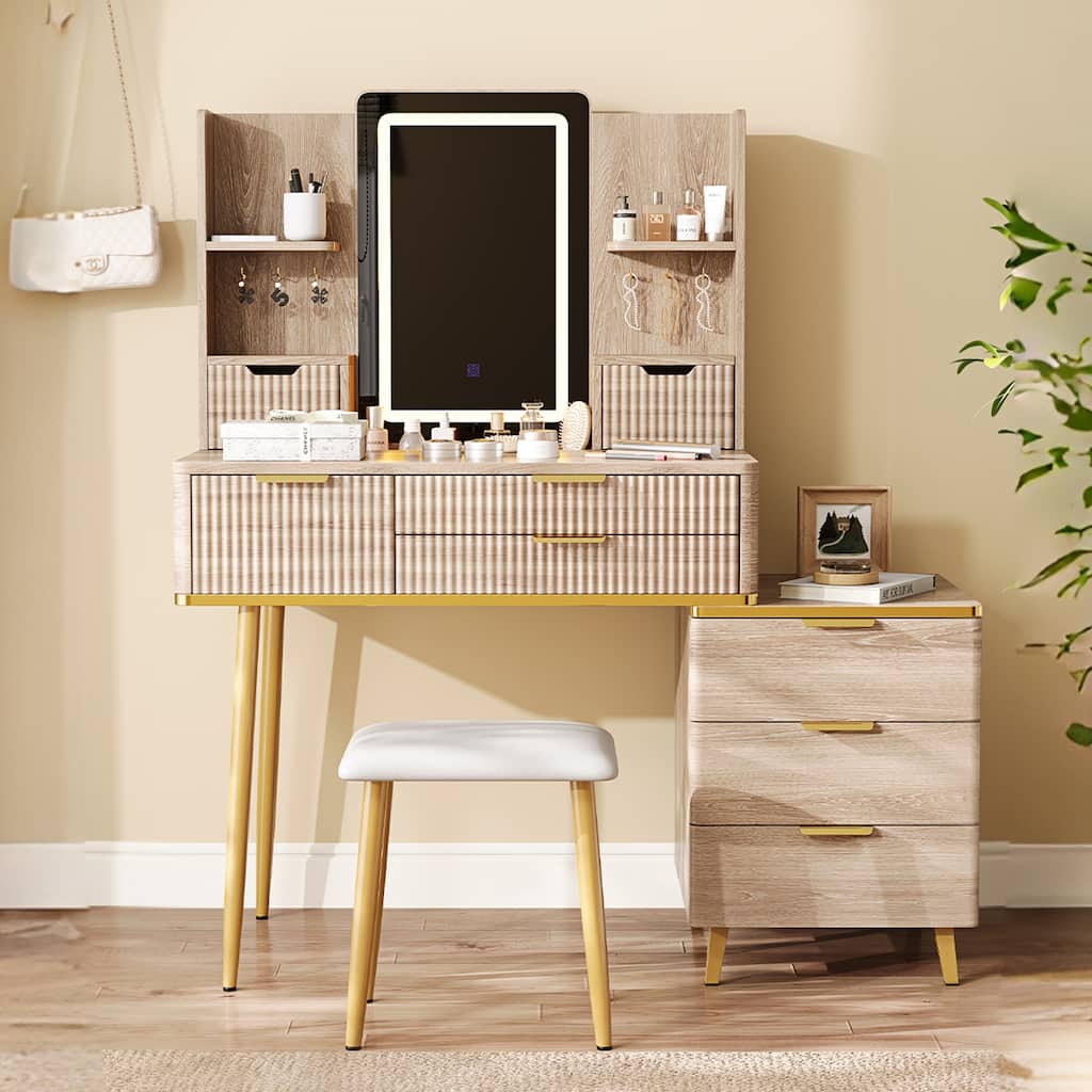 7-Drawer Vanity Desk with LED Mirror & Carved Details, Fluted Makeup Table with Metal Legs and PU Stool