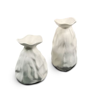 White Ceramic Vase Set of Two with Artistic Paper Bag Inspired Design