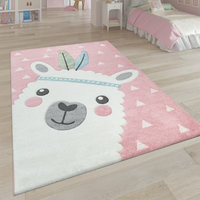 Cute Kids Rug with happy Llama for Nursery in Pink White and Grey
