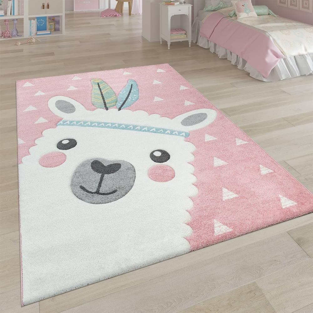 Cute Kids Rug with happy Llama for Nursery in Pink White and Grey