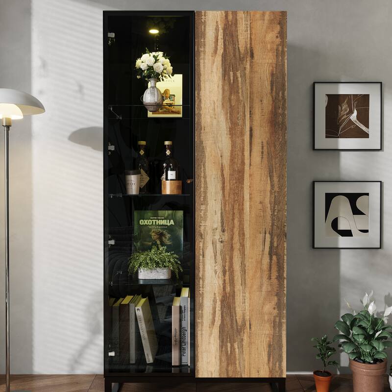 Glass Display Cabinet with LED Spotlight and Wood Grain Door Tall Aluminum Frame Curio Cabinet
