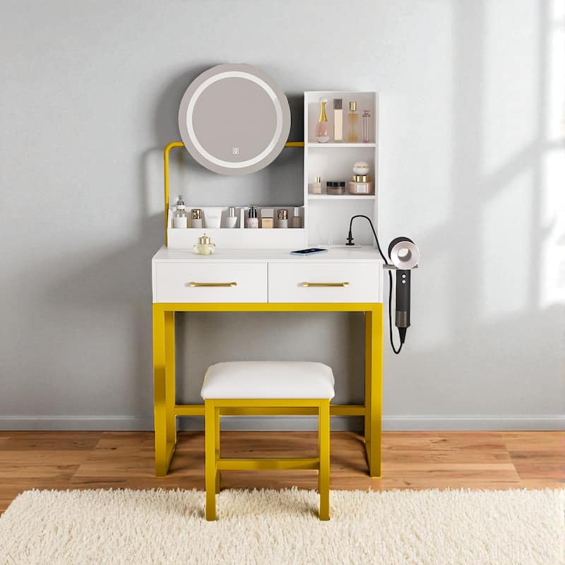 Makeup Vanity Table with Round LED Mirror 3 Color Lights, Power Outlet, 2 Drawers, Metal Legs & Chair - White