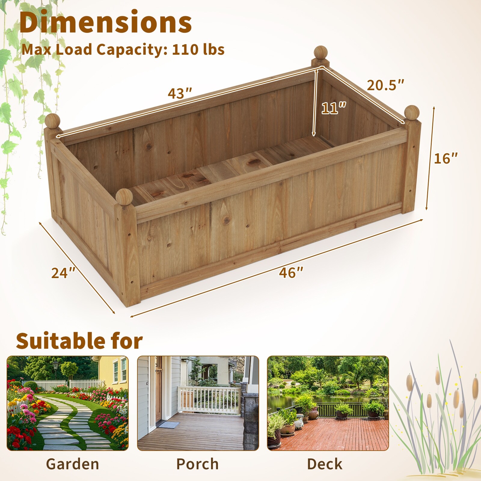 Gymax Raised Garden Bed 46'' x 24'' x 16'' Planter Box w/ 4