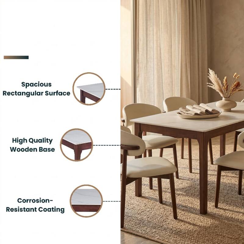 Mina Sintered Stone Rectangular Dining Table - Modern Scratch & Heat Resistant Kitchen Table with Solid Rubberwood Legs