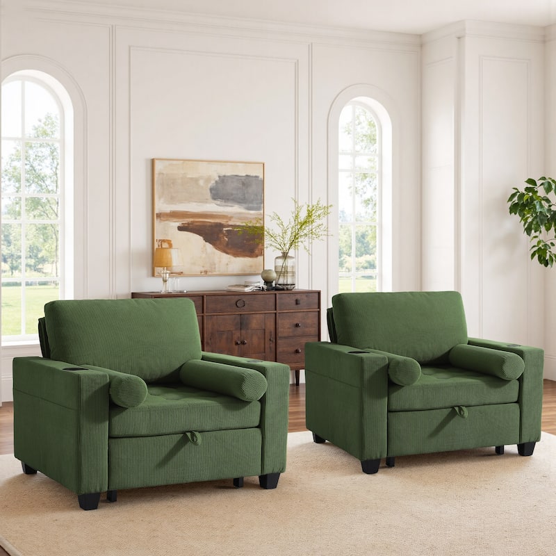 Corduroy Upholstered Accent Chair Convertible Sleeper Chair Set of 2