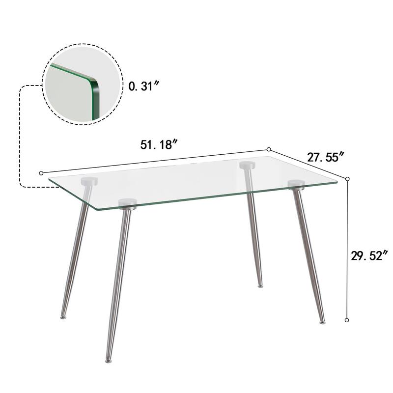 Glass Dining Table, Modern Rectangular Table with Tempered Glass Tabletop & Sliver metal Legs, Simplistic Kitchen Table
