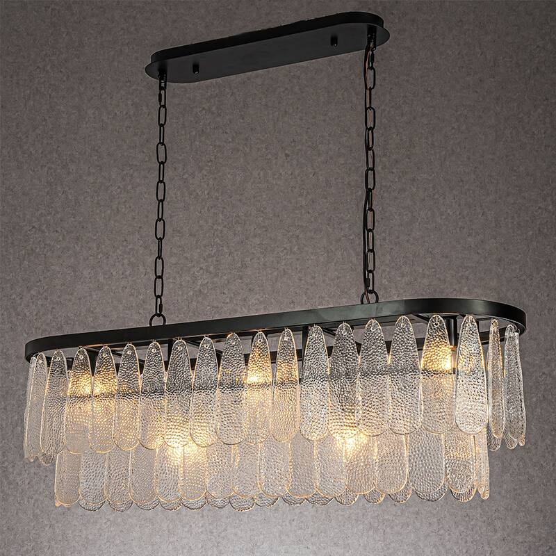 CraftHome 5-Light 39'' Matte Black Rectangle Elegant Vintage Textured Glass Chandelier Art Glass For Ktichen Island - W39'' - W39'' - Matte Black