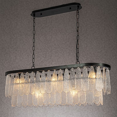 CraftHome 5-Light 39'' Matte Black Rectangle Elegant Vintage Textured Glass Chandelier Art Glass For Ktichen Island - W39''