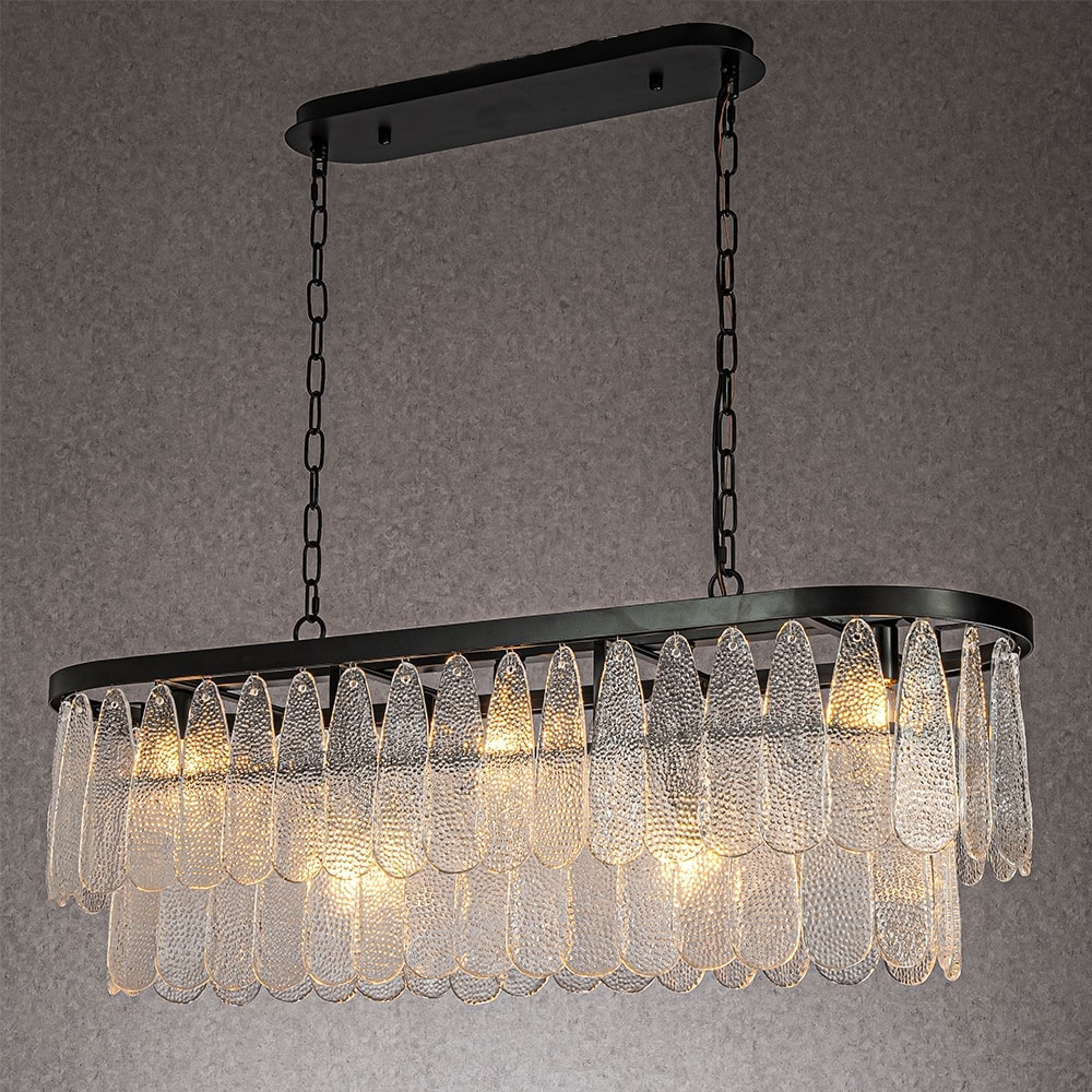 CraftHome 5-Light 39'' Matte Black Rectangle Elegant Vintage Textured Glass Chandelier Art Glass For Ktichen Island - W39''