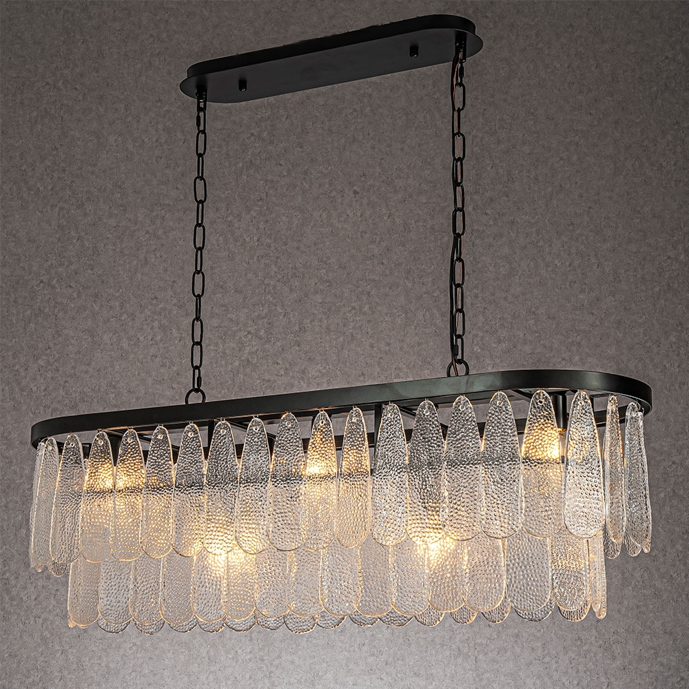 CraftHome 5-Light 39'' Matte Black Rectangle Elegant Vintage Textured Glass Chandelier Art Glass For Ktichen Island - W39''