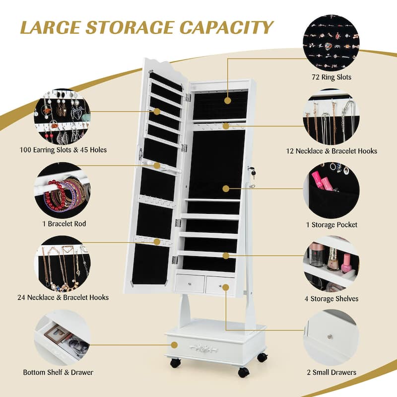 Gymax Rolling Jewelry Cabinet Armoire Full Length LED Mirror Lockable