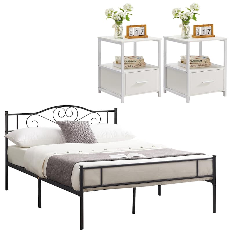 VECELO Industrial 3-Piece Bedroom Set Black Platform Bed Frame and Modern Nightstand Set of 2