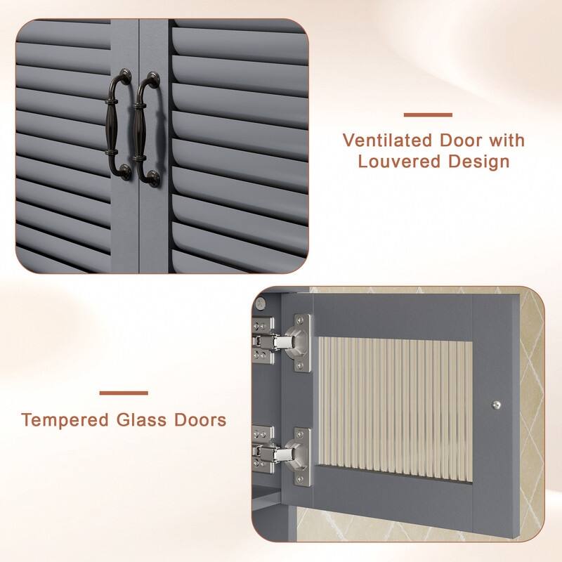 Water-Resistant MDF Bathroom Vanity with Louvered Doors, Tempered Glass Top Cabinet, and Decorative Hardware