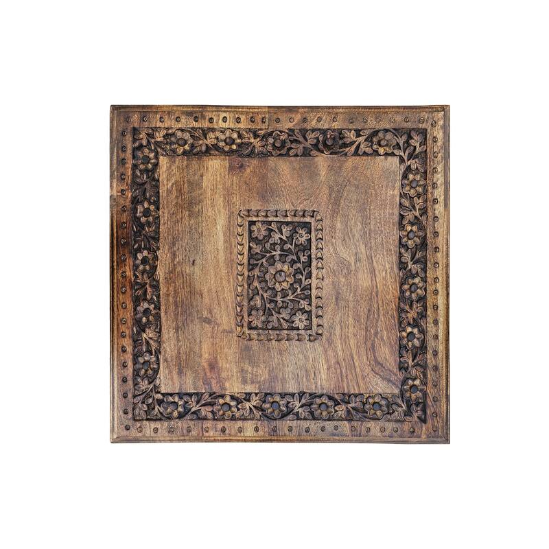 21 Inch Boho Side End Table, Floral Carved Details, Foldable Panel Legs, Natural Walnut Brown
