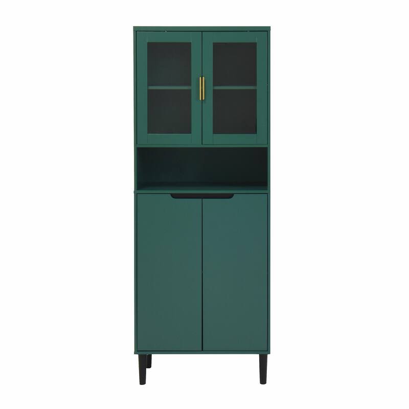 Tall Kitchen Pantry Cabinet with 2 Glass Display Doors & 2 Solid Doors
