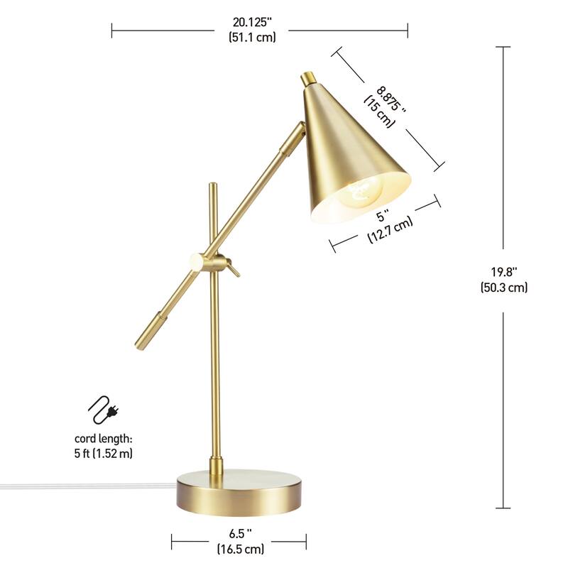 Novogratz x Globe Tacoma 18" Desk Lamp, Matte Brass, Adjustable Height, Balance Arm, Brass, Rotary Switch on Shade
