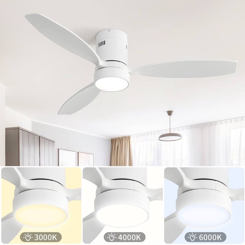 52 Inch Flush Mount Ceiling Fan Solid Wood Fan Blade Noiseless Reversible Motor Smart Remote Control With Light