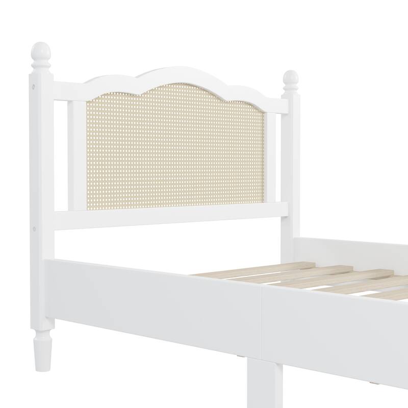 Wooden Platform Bed with Arc Rattan Headboard Bed Frame, Pine Wood Panel Bed, Solid Wood Legs for Bedroom