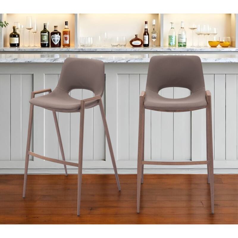 Set of Two 30" Brown Faux Leather And Steel Low Back Bar Height Bar Chairs - Brown