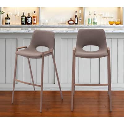 Set of Two 30" Brown Faux Leather And Steel Low Back Bar Height Bar Chairs