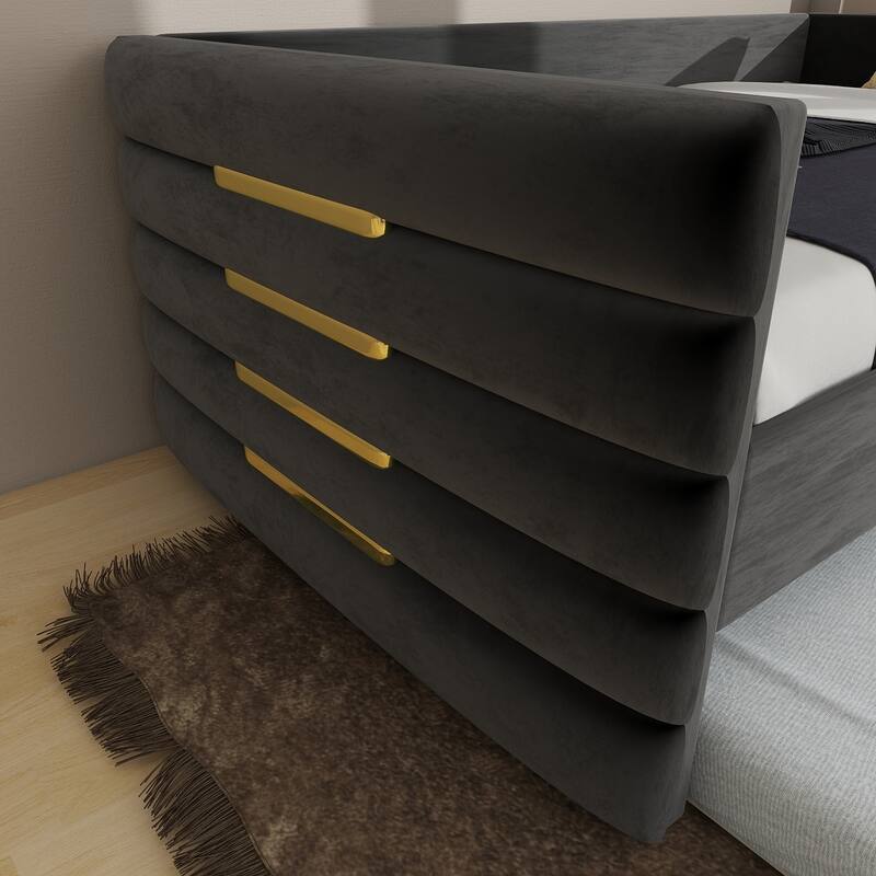 Modern Twin Daybed with Trundle – Upholstered Black Velvet Sofa Bed Featuring Gold Accents, Space-Saving Sleeper.