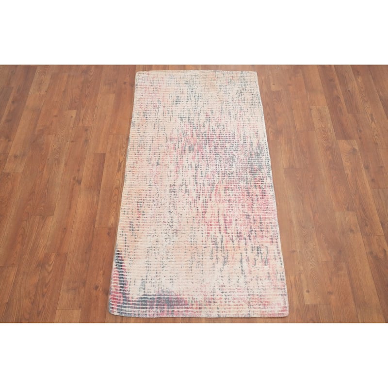 Hand Knotted Oriental Viscose Silk Carpet Modern All-Over Peach Abstract Area Rug - 4' 0'' X 2' 0''