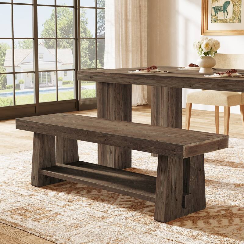 2-Tier Solid Wood Entryway Bench with Shelves, Dining Bed End Accent Seat for Dining Room Living Room Hallway Bedroom