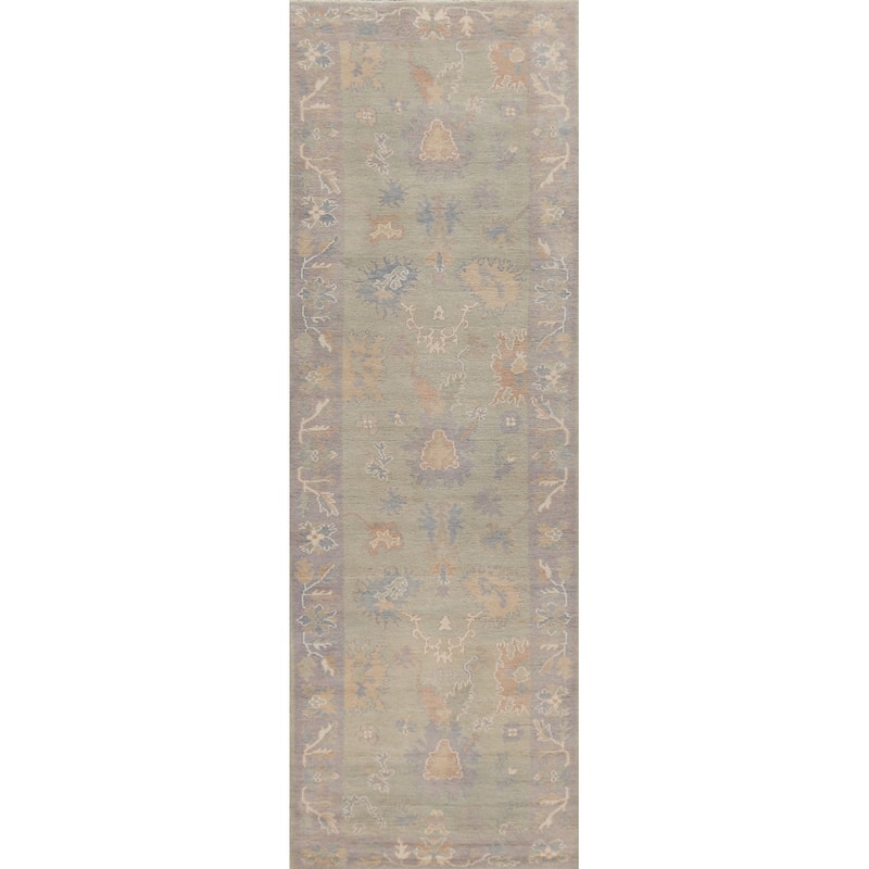Hand Knotted Oriental 100% Wool Carpet Transitional Floral Green Oushak Runner Rug - 11' 9'' X 3' 1''