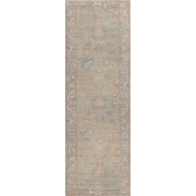 Hand Knotted Oriental 100% Wool Carpet Transitional Floral Green Oushak Runner Rug - 11' 9'' X 3' 1''