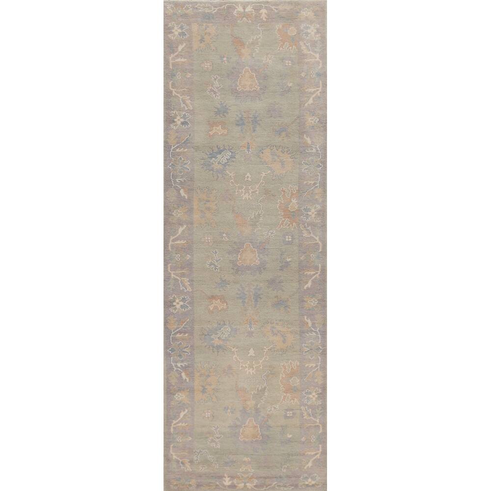 Hand Knotted Oriental 100% Wool Carpet Transitional Floral Green Oushak Runner Rug - 11' 9'' X 3' 1''