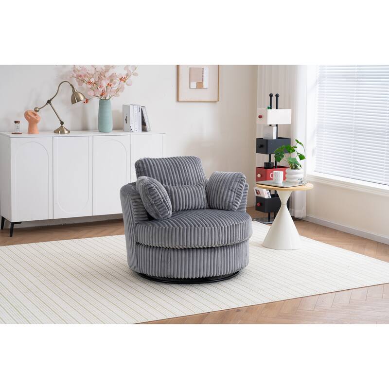 Corduroy Swivel Barrel Chair, Ergonomic Upholstered Round Armchair, Reading Sofa Chair with 3 Pillows & Thick Cushion