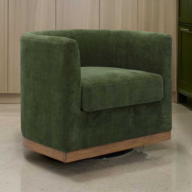 Swivel Accent Chair, Green Cushioned Fabric, Barrel Style, Brown Wood Base