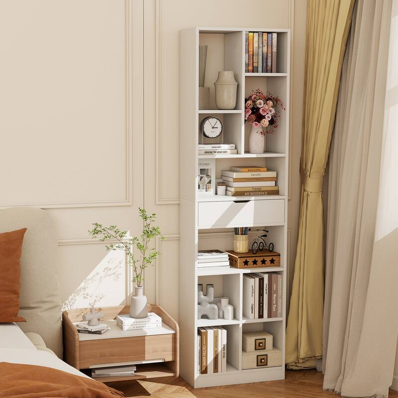 7 Tier White Engineered Wood 10-Cube Bookcase with Drawer and Anti-Tip Safety - 19.5" x 9.5" x 71"
