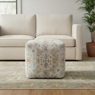 HomeRoots 18" Ivory and Light Gray Upholstered Medallion Pouf Ottoman