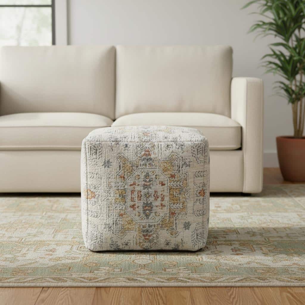 HomeRoots 18" Ivory and Light Gray Upholstered Medallion Pouf Ottoman
