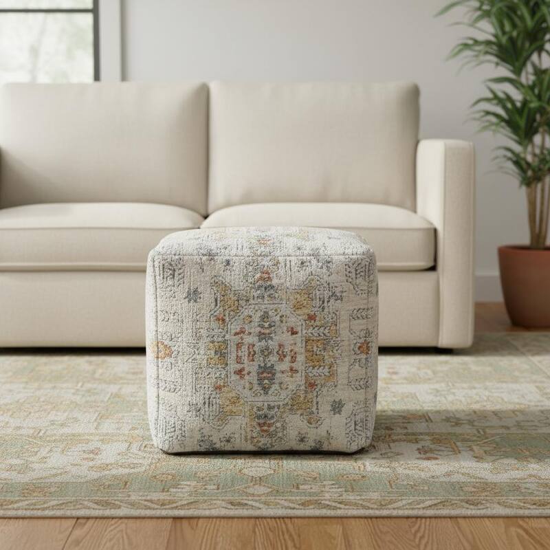 HomeRoots 18" Ivory and Light Gray Upholstered Medallion Pouf Ottoman - Light Gray/Ivory - 18.00 in. x 18.00 in. x 18.00 in.
