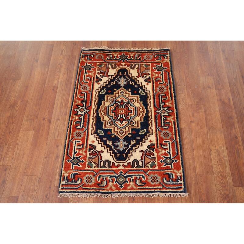 Navy Blue Heriz Serapi Accent Rug Hand-Knotted Oriental Wool Carpet - 2'0" x 3'0"