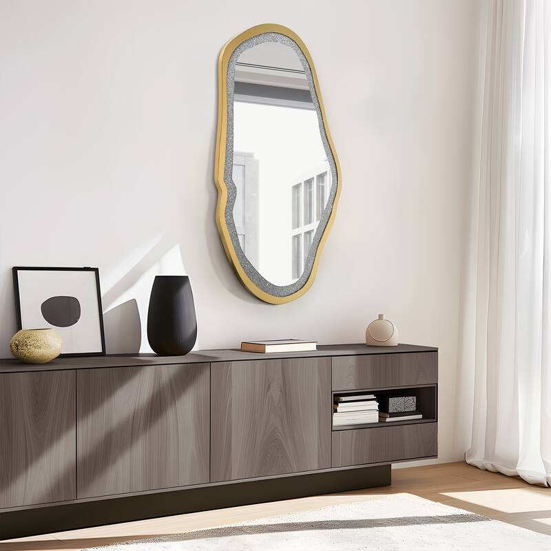 Mireve Modern Irregular Wall Mirror with Faux Diamond and Gold MDF Frame - W32.5"xD0.8"xH47.2"