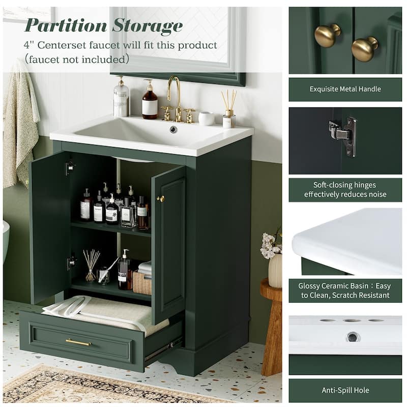 24'' Bathroom Wood Storage Vanity Cabinet with Ceramic Sink, Drawer