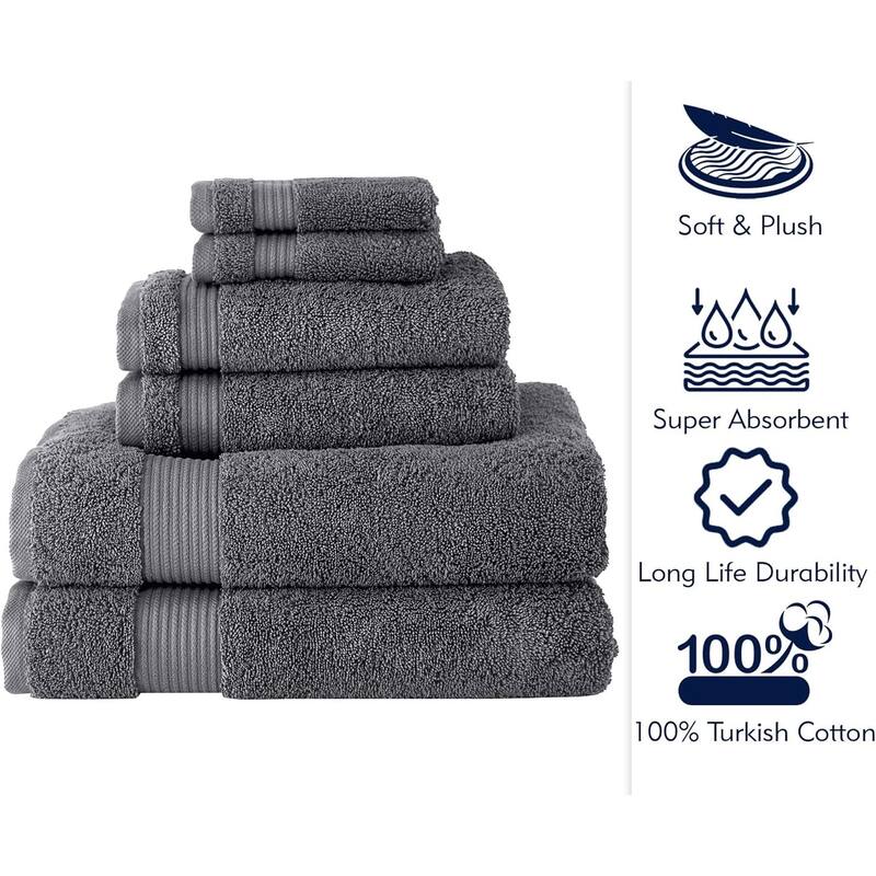 CTT - 6 Pcs Turkish Cotton Towel Set, Includes 2 Bath Towels, 2 Hand Towels and 2 Washcloths, Quick Dry & Absorbent