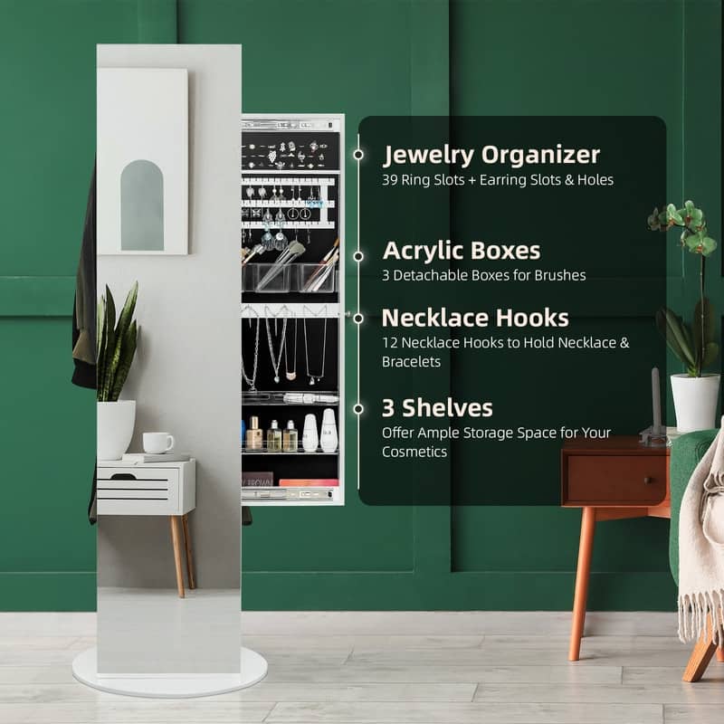 360 Full Length Mirror Jewelry Armoire with Hall Tree