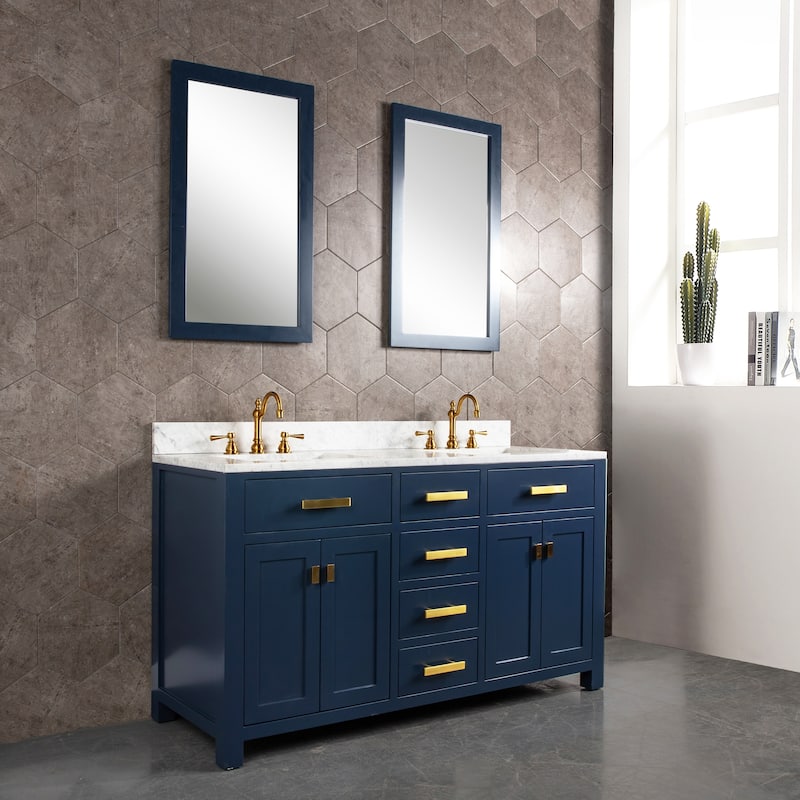 Madison 60-inch Blue Double Sink Carrara White Marble Vanity