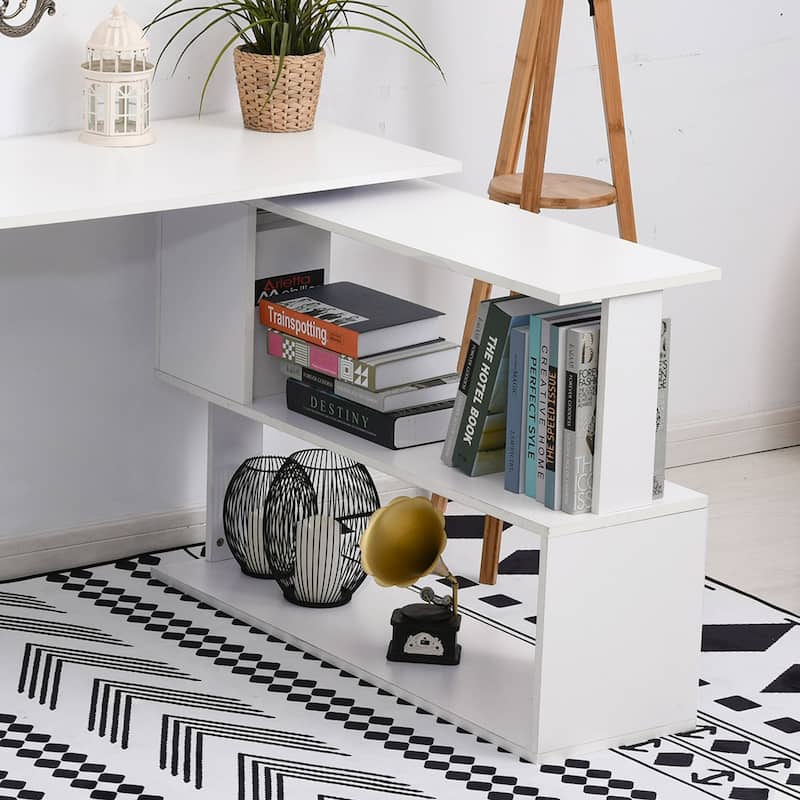 HOMCOM 360° Rotating L-Shaped Corner Desk: White, with Storage Shelves