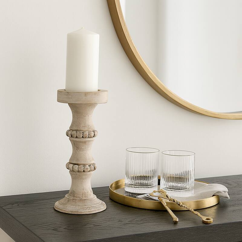 Sagebrook Home Artisanal Wood Pillar Candle Holders - Ivory/ Tan - 11.0"
