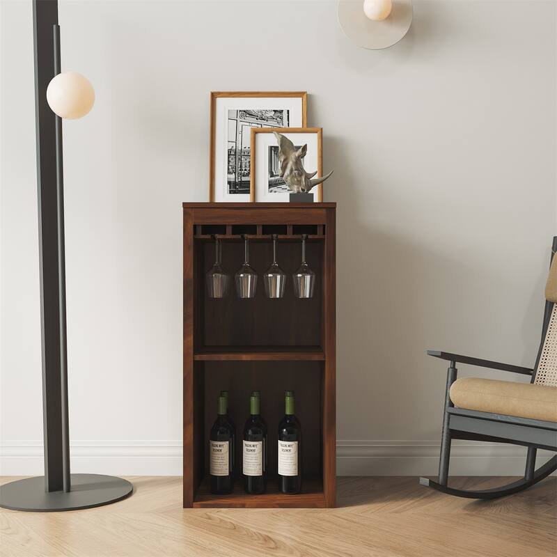 Modular Wine Bar Cabinet with Storage Shelves and Hutch Brown Walnut Color
