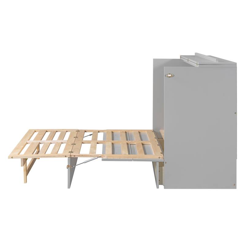 Full Size Murphy Bed Hidden Cabinet Bed with Drawer Underneath and Rattan Patterned, Clever Space Utilization Classic Grey